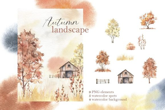 Autumn Landscape Watercolor Clipart: Elevating Digital and Physical Design with Seasonal Warmth