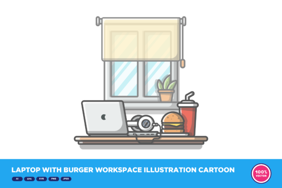 Laptop with Burger Workspace Illustration