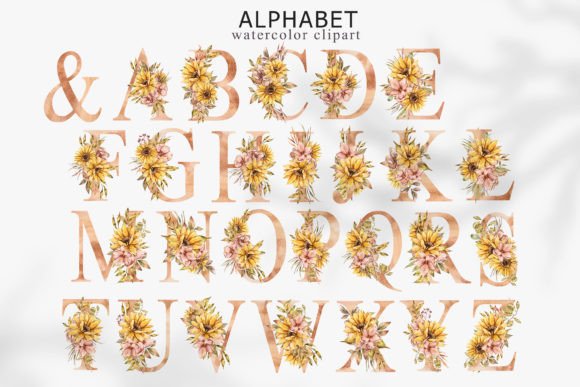 Watercolor Floral Sunflower Alphabet Png